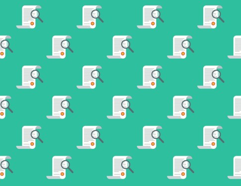 repeating image of magnifying glass over document, on green background